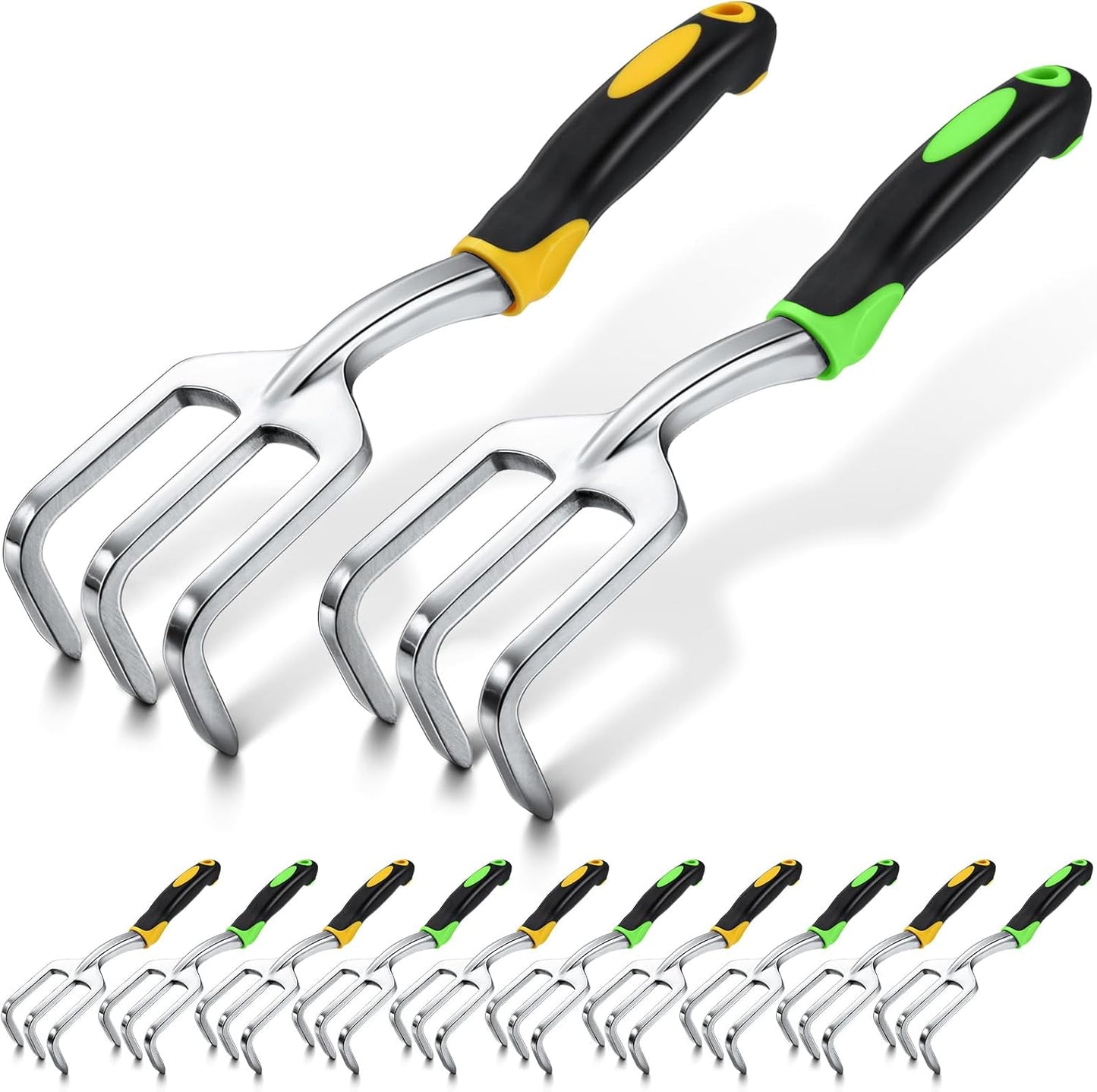 12 Pcs Hand Rakes Garden Tool Mini Heavy Duty Garden Cultivator 11 Inch Small Rake Gardening Hand Tiller with Handle for Digging Weeding Loose Soil(3-Tine Prong Fork,Yellow, Green)