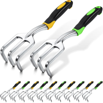 12 Pcs Hand Rakes Garden Tool Mini Heavy Duty Garden Cultivator 11 Inch Small Rake Gardening Hand Tiller with Handle for Digging Weeding Loose Soil(3-Tine Prong Fork,Yellow, Green)