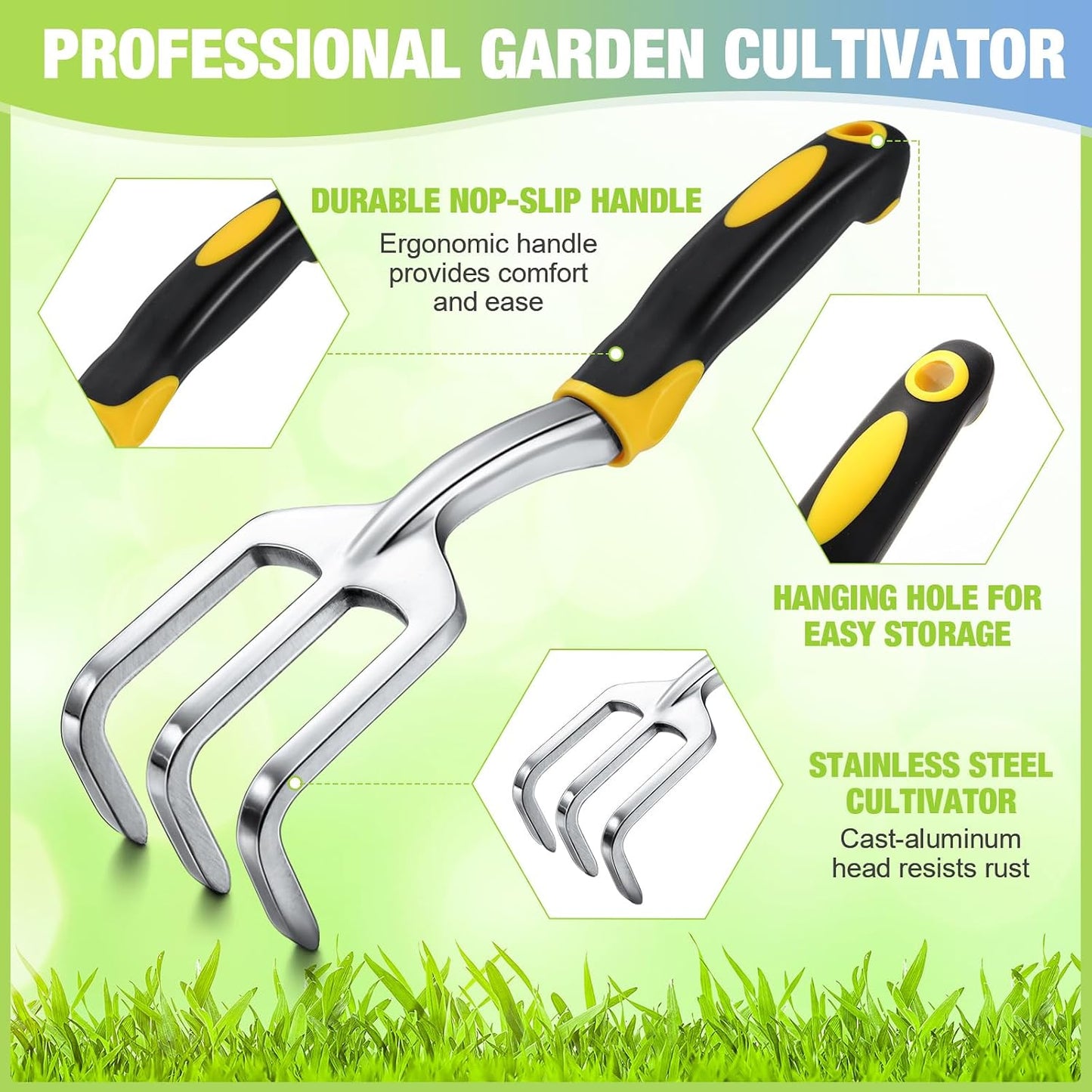 12 Pcs Hand Rakes Garden Tool Mini Heavy Duty Garden Cultivator 11 Inch Small Rake Gardening Hand Tiller with Handle for Digging Weeding Loose Soil(3-Tine Prong Fork,Yellow, Green)