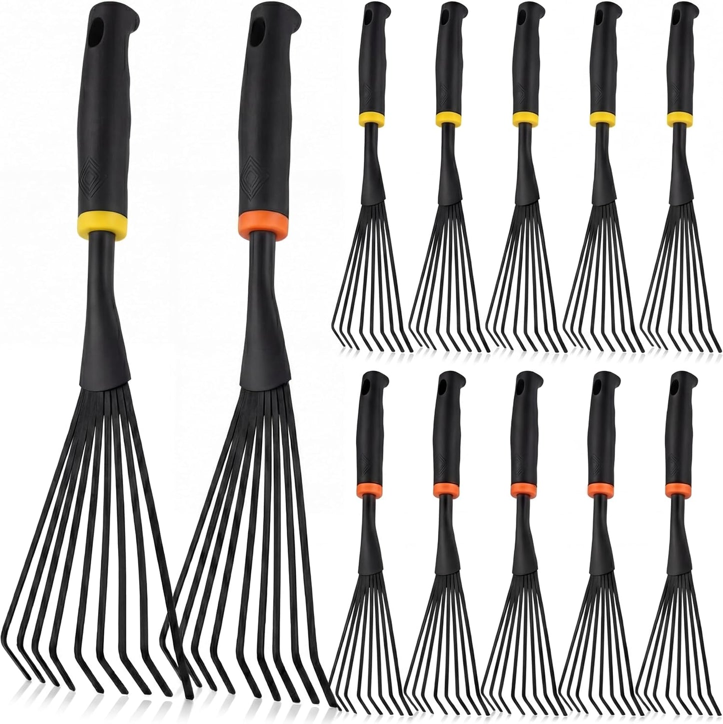 12 Pcs Hand Rakes Garden Tool Mini Heavy Duty Garden Cultivator 11 Inch Small Rake Gardening Hand Tiller with Handle for Digging Weeding Loose Soil(3-Tine Prong Fork,Yellow, Green)