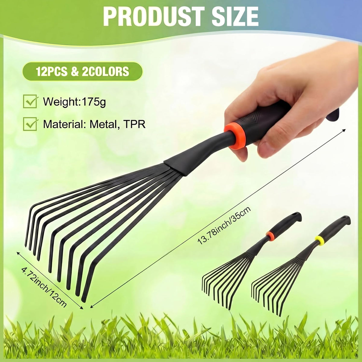 12 Pcs Hand Rakes Garden Tool Mini Heavy Duty Garden Cultivator 11 Inch Small Rake Gardening Hand Tiller with Handle for Digging Weeding Loose Soil(3-Tine Prong Fork,Yellow, Green)