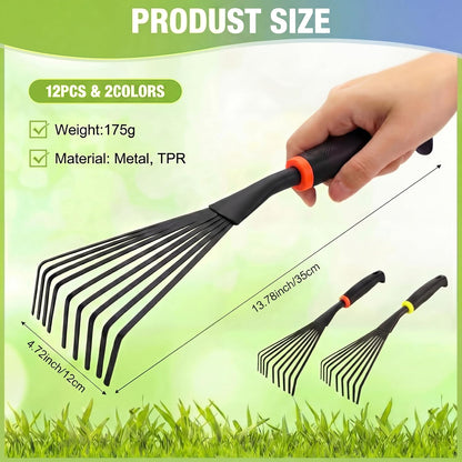 12 Pcs Hand Rakes Garden Tool Mini Heavy Duty Garden Cultivator 11 Inch Small Rake Gardening Hand Tiller with Handle for Digging Weeding Loose Soil(3-Tine Prong Fork,Yellow, Green)