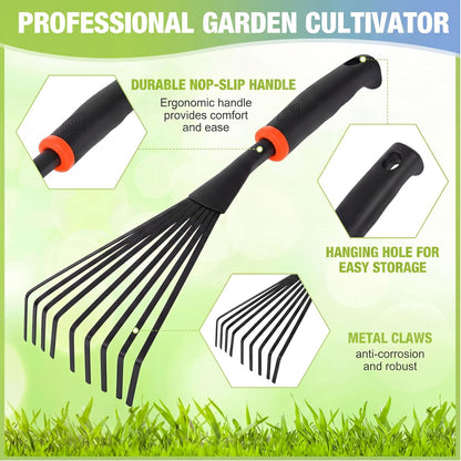 12 Pcs Hand Rakes Garden Tool Mini Heavy Duty Garden Cultivator 11 Inch Small Rake Gardening Hand Tiller with Handle for Digging Weeding Loose Soil(3-Tine Prong Fork,Yellow, Green)