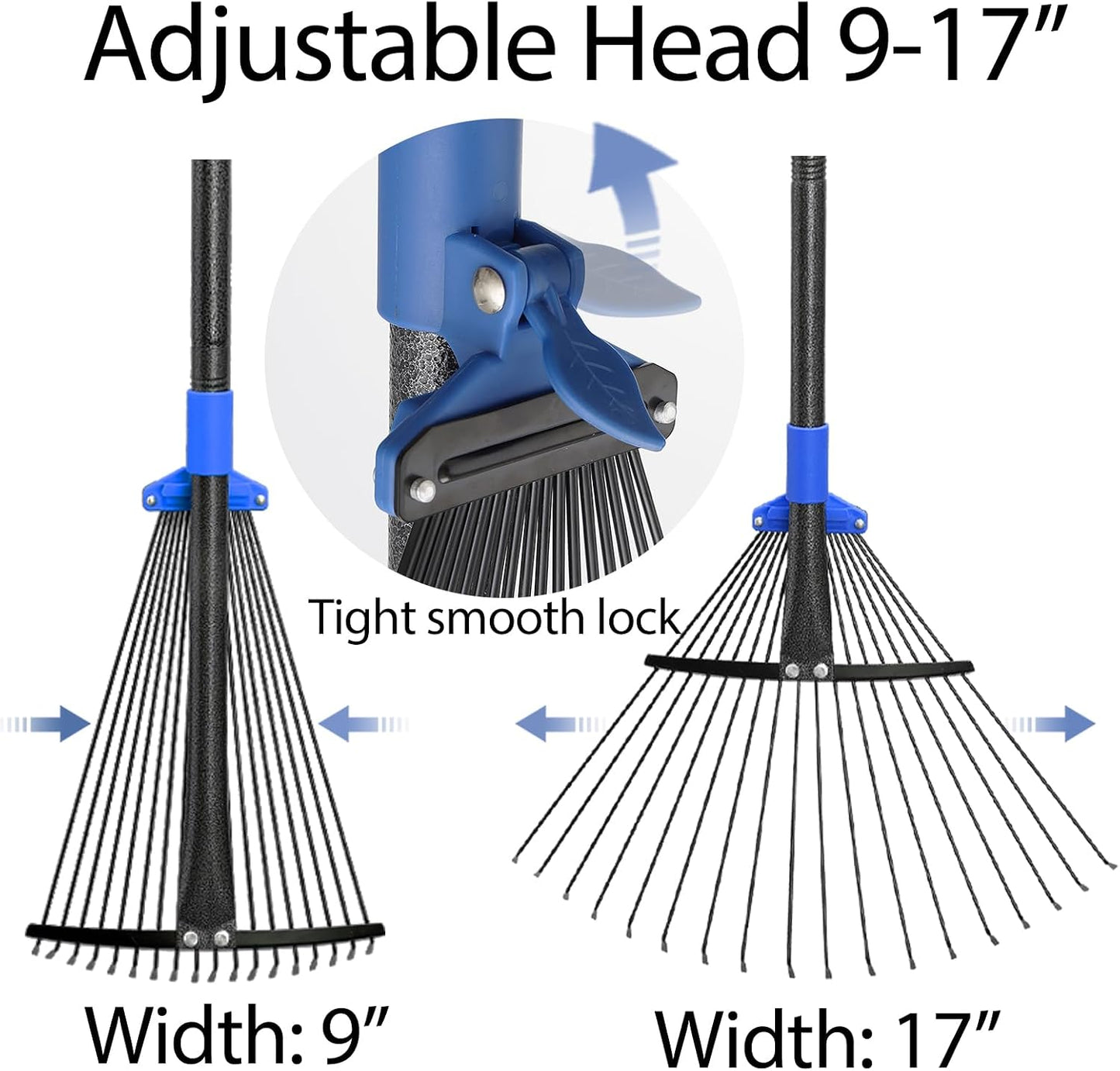 Adjustable Metal Leaf Rake Long Handle, Garden Rakes for Lawns Heavy Duty Leaves with Expandable Head 8-17", Yard Women Kids Rake for Gardening RV Camping