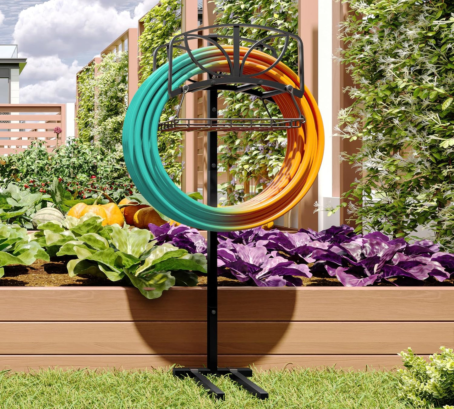 Garden Hose Holder with Storage Basket,Heavy-Duty,80+ lb Capacity,Rust-Proof Stainless Steel,Organizes 150ft Hose for Patio&Yard,Leaf Design