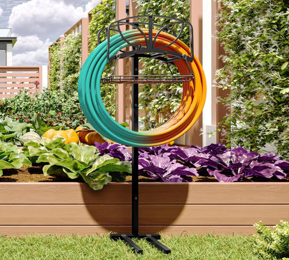 Garden Hose Holder with Storage Basket,Heavy-Duty,80+ lb Capacity,Rust-Proof Stainless Steel,Organizes 150ft Hose for Patio&Yard,Leaf Design