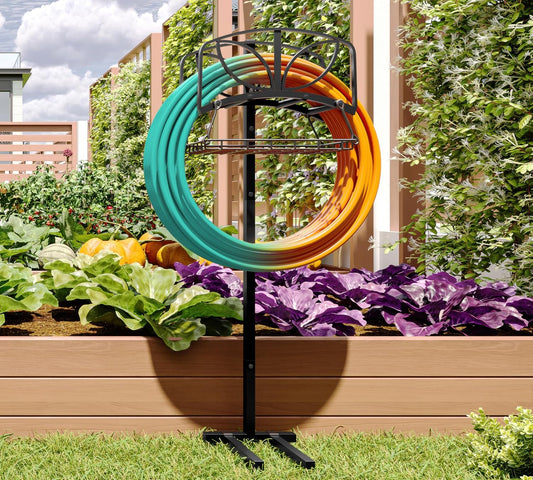 Garden Hose Holder with Storage Basket,Heavy-Duty,80+ lb Capacity,Rust-Proof Stainless Steel,Organizes 150ft Hose for Patio&Yard,Leaf Design