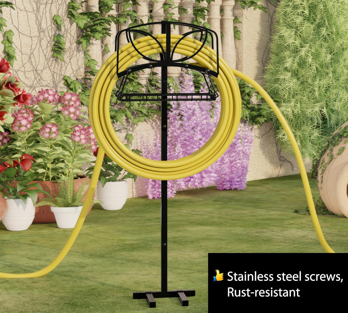 Garden Hose Holder with Storage Basket,Heavy-Duty,80+ lb Capacity,Rust-Proof Stainless Steel,Organizes 150ft Hose for Patio&Yard,Leaf Design