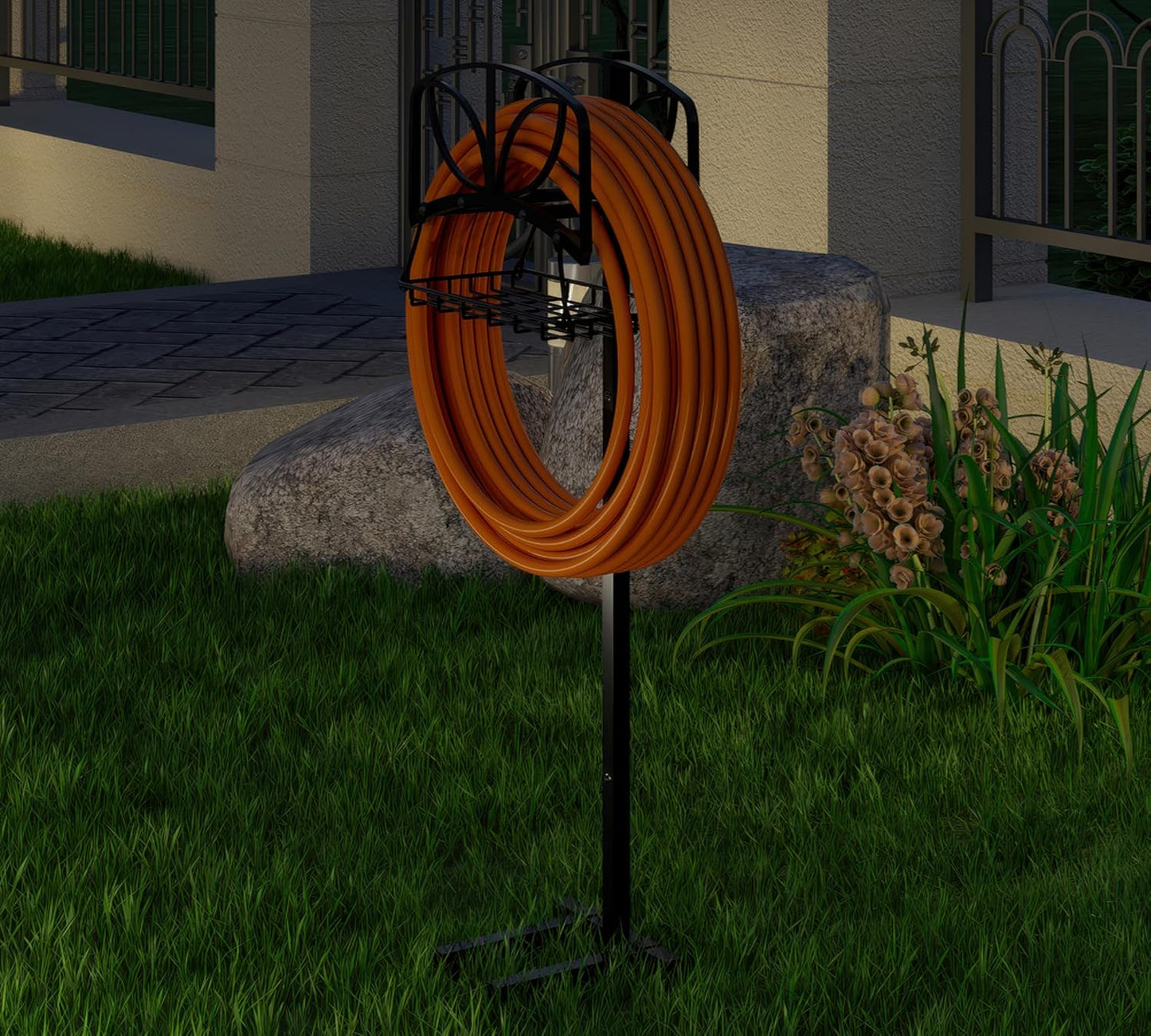Garden Hose Holder with Storage Basket,Heavy-Duty,80+ lb Capacity,Rust-Proof Stainless Steel,Organizes 150ft Hose for Patio&Yard,Leaf Design