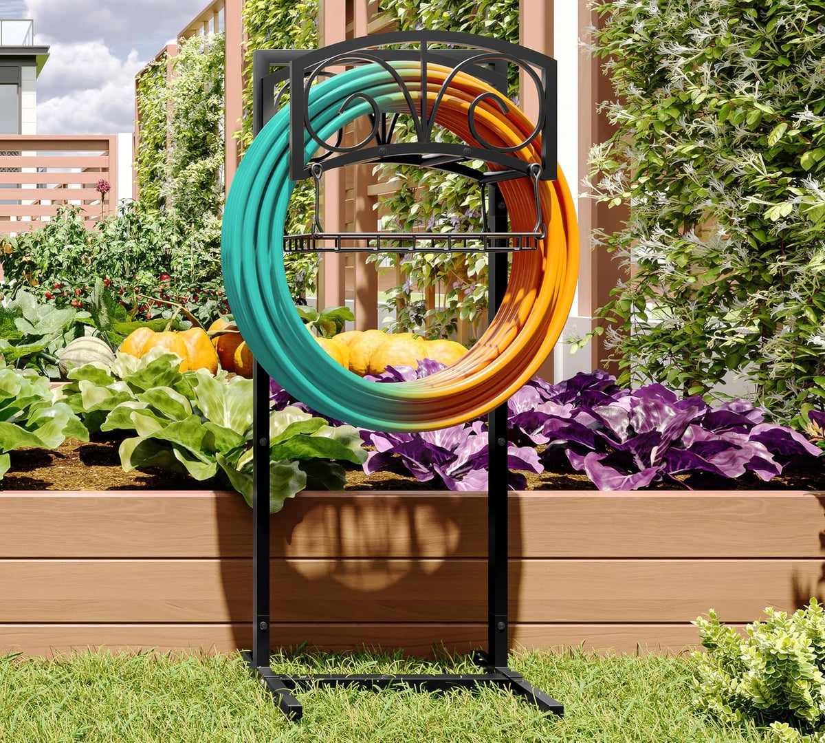 Garden Hose Holder with Storage Basket,Heavy-Duty,80+ lb Capacity,Rust-Proof Stainless Steel,Organizes 150ft Hose for Patio&Yard,Leaf Design