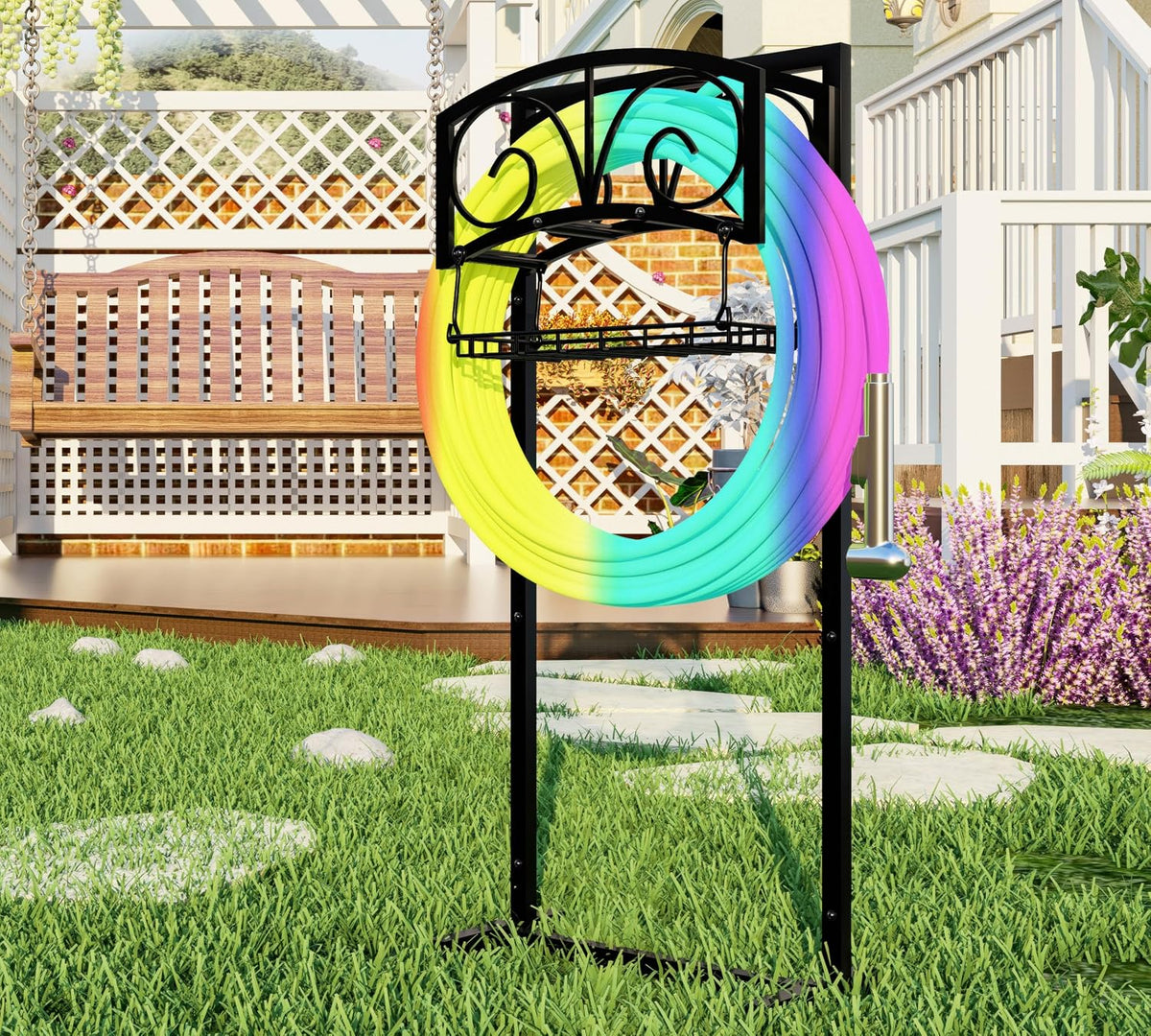 Garden Hose Holder with Storage Basket,Heavy-Duty,80+ lb Capacity,Rust-Proof Stainless Steel,Organizes 150ft Hose for Patio&Yard,Leaf Design