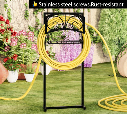 Garden Hose Holder with Storage Basket,Heavy-Duty,80+ lb Capacity,Rust-Proof Stainless Steel,Organizes 150ft Hose for Patio&Yard,Leaf Design