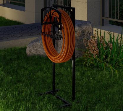 Garden Hose Holder with Storage Basket,Heavy-Duty,80+ lb Capacity,Rust-Proof Stainless Steel,Organizes 150ft Hose for Patio&Yard,Leaf Design