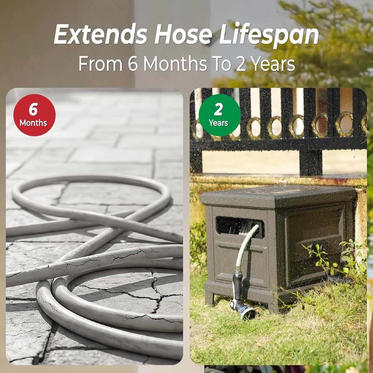 Heavy Duty Steel Garden Hose Reel Deck Box, Holds 125 ft x 5/8 inch Hose, Leak-Proof Aluminum Water System, Manual Crank with Hose Guide, 4-Leg 200LBS Stable Base, No Mount Required
