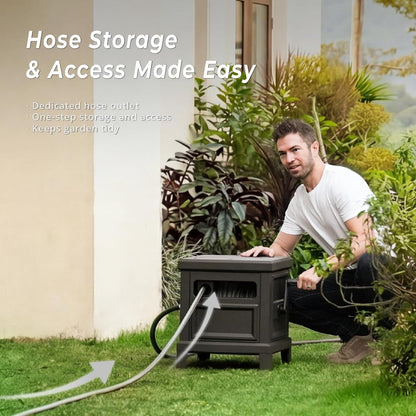 Heavy Duty Steel Garden Hose Reel Deck Box, Holds 125 ft x 5/8 inch Hose, Leak-Proof Aluminum Water System, Manual Crank with Hose Guide, 4-Leg 200LBS Stable Base, No Mount Required
