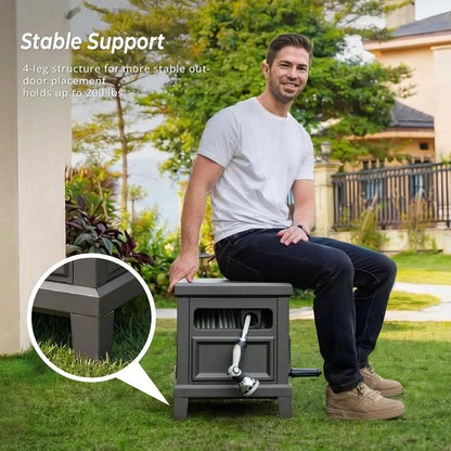 Heavy Duty Steel Garden Hose Reel Deck Box, Holds 125 ft x 5/8 inch Hose, Leak-Proof Aluminum Water System, Manual Crank with Hose Guide, 4-Leg 200LBS Stable Base, No Mount Required
