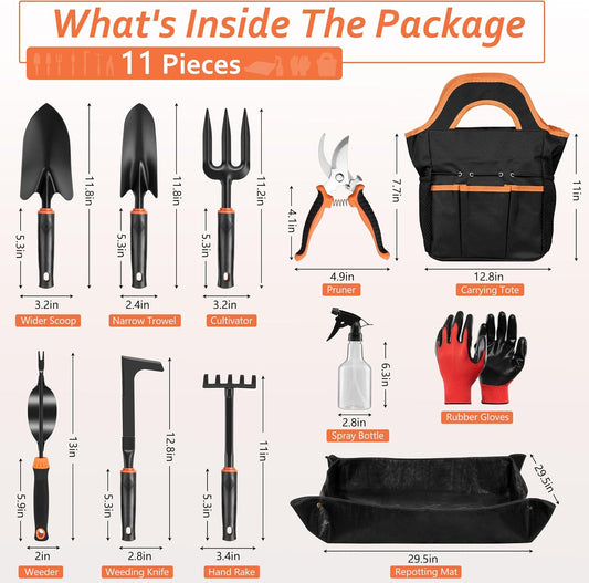 Garden Tools Set, 11 Pcs Gardening Supplies Hand Tool Kit for Women Men Gardeners, Include Tote Bag, Reportting Mat, Transplant Trowel, Rake, Pruner for Outdoors