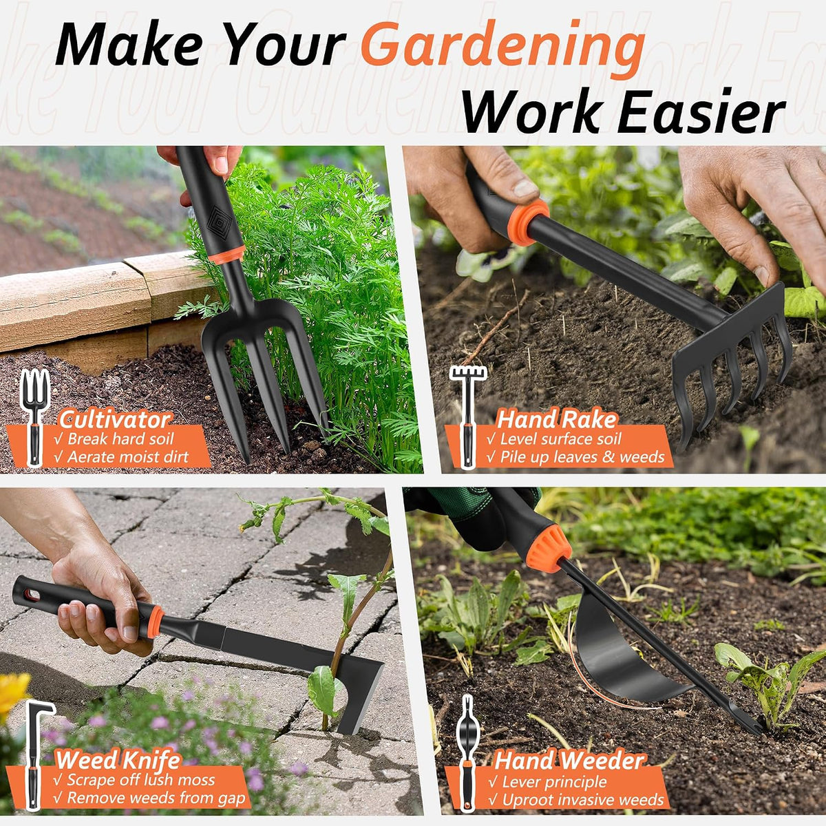 Garden Tools Set, 11 Pcs Gardening Supplies Hand Tool Kit for Women Men Gardeners, Include Tote Bag, Reportting Mat, Transplant Trowel, Rake, Pruner for Outdoors