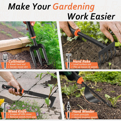 Garden Tools Set, 11 Pcs Gardening Supplies Hand Tool Kit for Women Men Gardeners, Include Tote Bag, Reportting Mat, Transplant Trowel, Rake, Pruner for Outdoors
