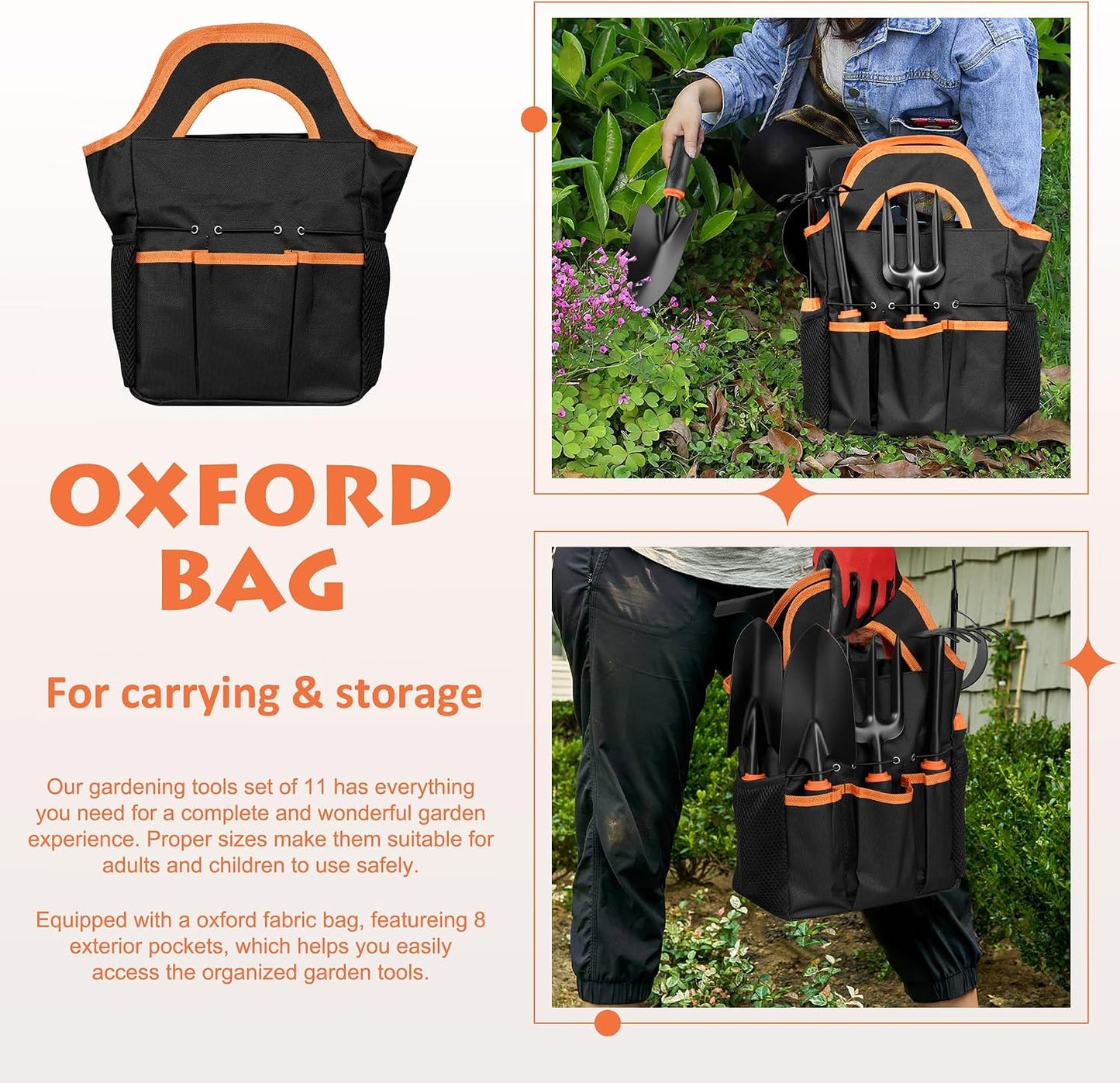 Garden Tools Set, 11 Pcs Gardening Supplies Hand Tool Kit for Women Men Gardeners, Include Tote Bag, Reportting Mat, Transplant Trowel, Rake, Pruner for Outdoors