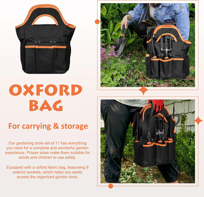 Garden Tools Set, 11 Pcs Gardening Supplies Hand Tool Kit for Women Men Gardeners, Include Tote Bag, Reportting Mat, Transplant Trowel, Rake, Pruner for Outdoors