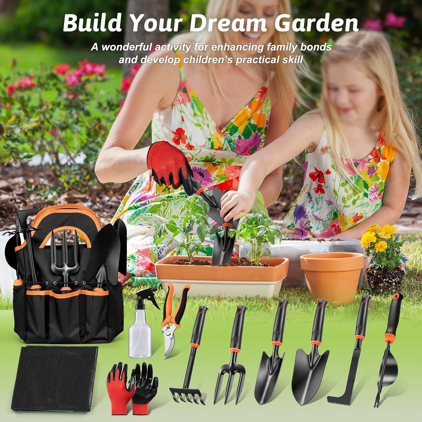 Garden Tools Set, 11 Pcs Gardening Supplies Hand Tool Kit for Women Men Gardeners, Include Tote Bag, Reportting Mat, Transplant Trowel, Rake, Pruner for Outdoors