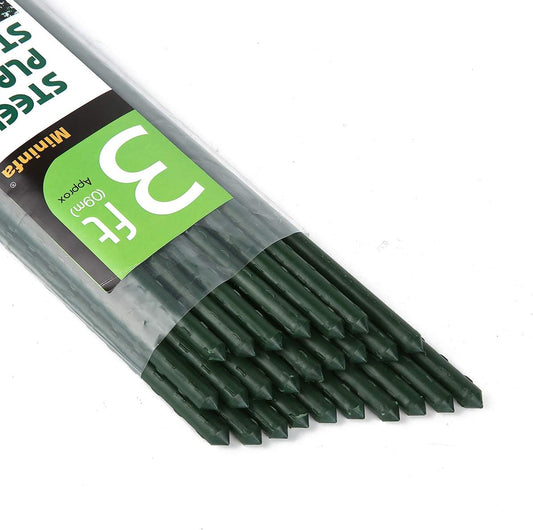 Steel Plant Stakes 3 Feet, Plastic Coated Metal Garden Stakes Supports Climbing for Tomatoes, Trees, Beans, 25 Pack