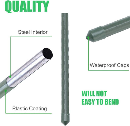 Steel Plant Stakes 3 Feet, Plastic Coated Metal Garden Stakes Supports Climbing for Tomatoes, Trees, Beans, 25 Pack