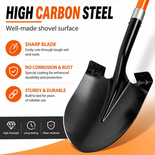 VNIMTI Heavy Duty Gardening Shovel, 56 Inch Round Blade with Fiberglass Handle (Orange)
