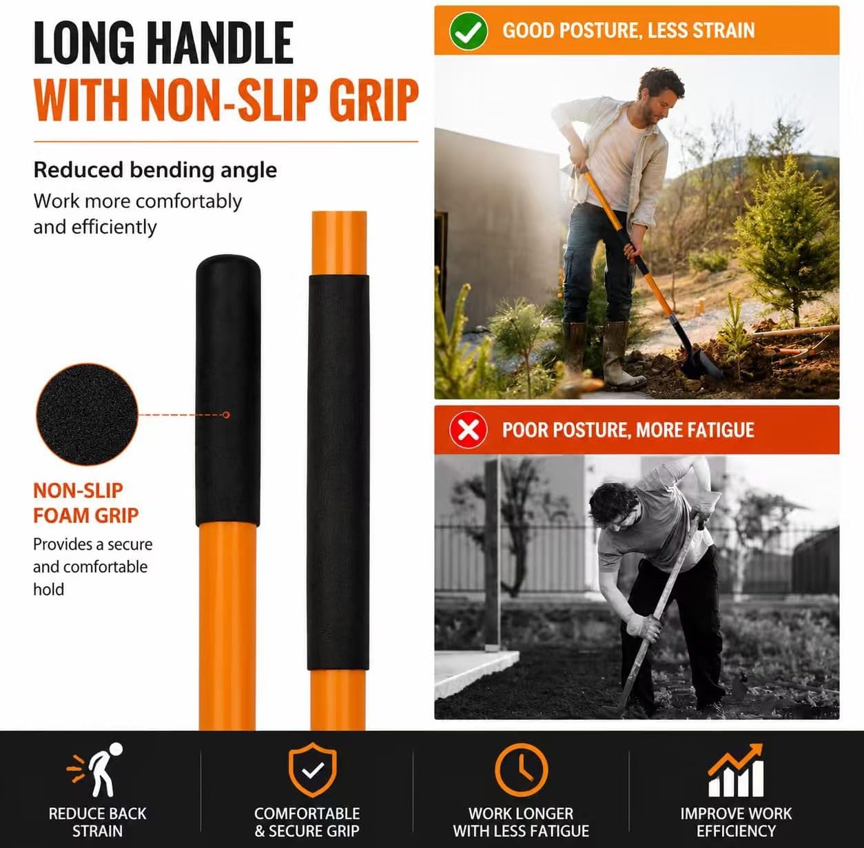 VNIMTI Heavy Duty Gardening Shovel, 56 Inch Round Blade with Fiberglass Handle (Orange)