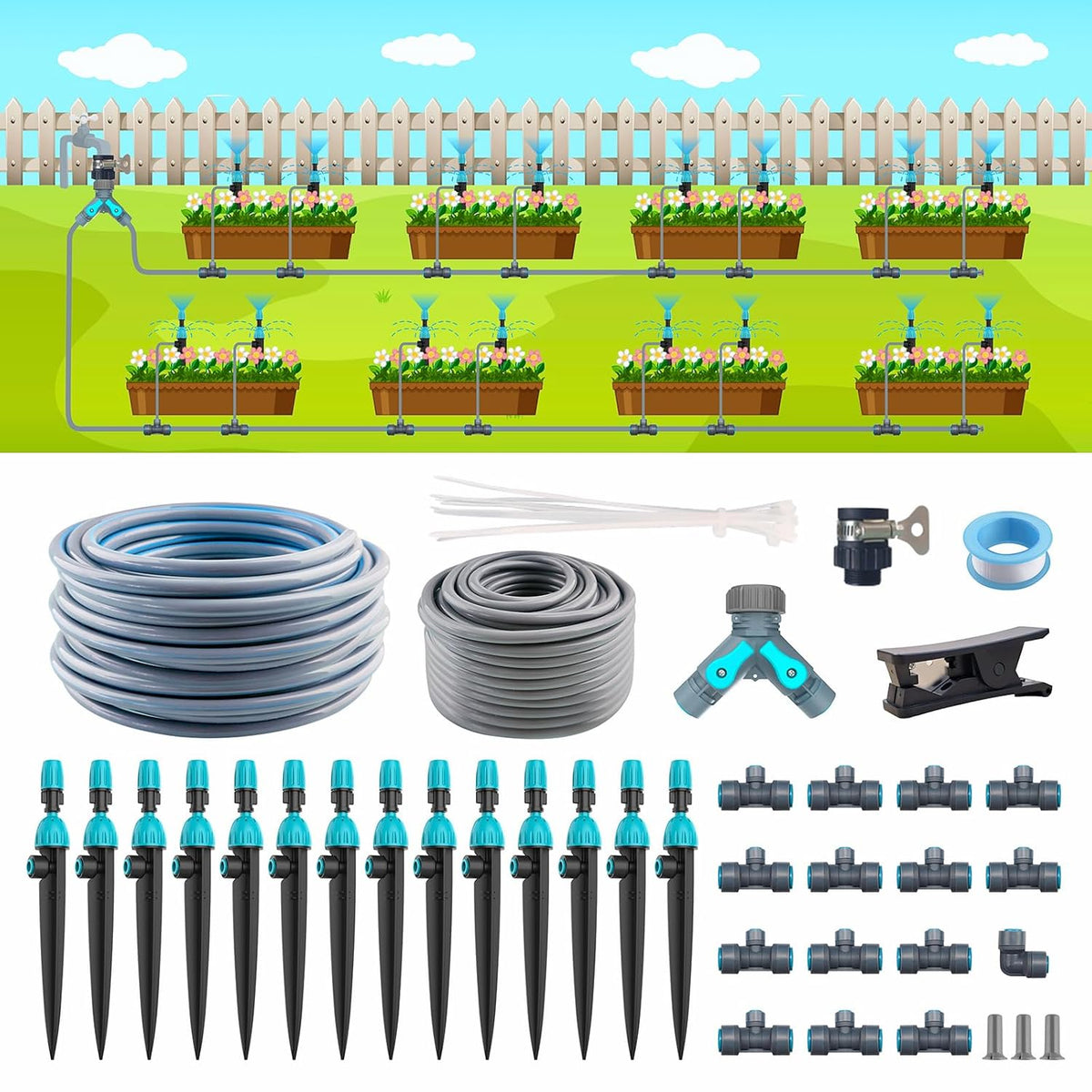 98ft Drip Irrigation Kit, Upgraded Quick-Connect System with Adjustable Nozzles & Durable Hoses, Complete Garden Watering Solution for Outdoor Plants, Flower Beds, Lawns and Patios