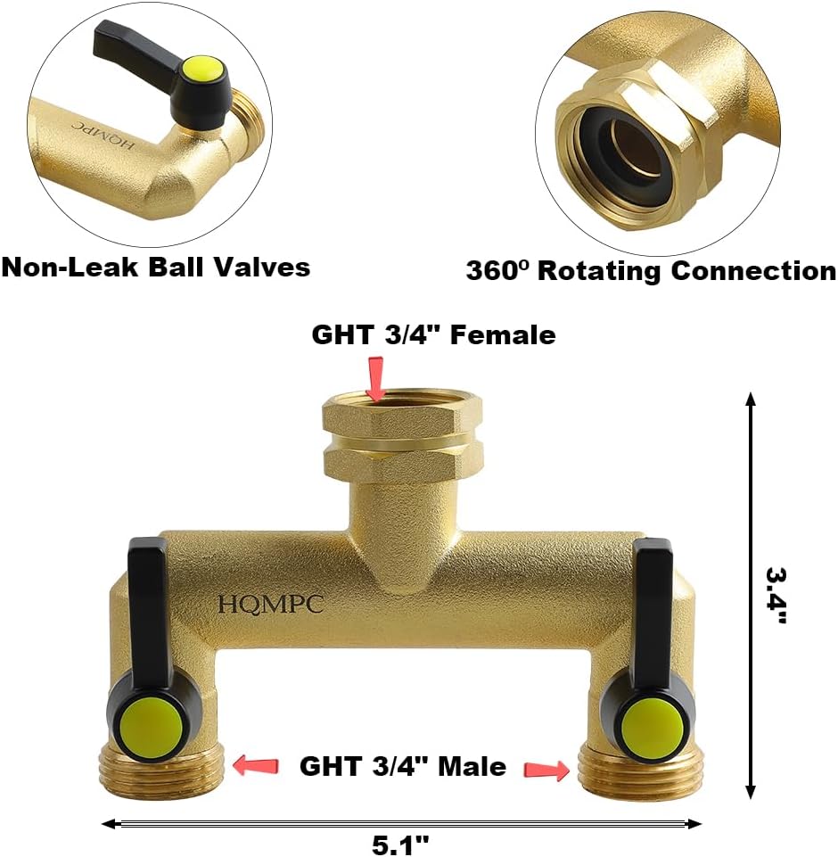 2 Way Hose Splitter Heavy Duty Water Splitter Outdoor 2 Way Strong HEX Nut Connect 3/4" GHT