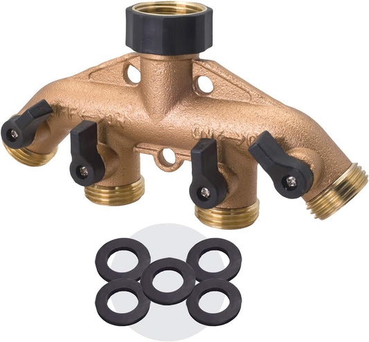 65077-AMZ 4 Way Heavy Duty Metal Garden Hose Splitter, Hose Spigot Adapter with 5 Leak-Free Washers, Brass Hose Bib Splitter