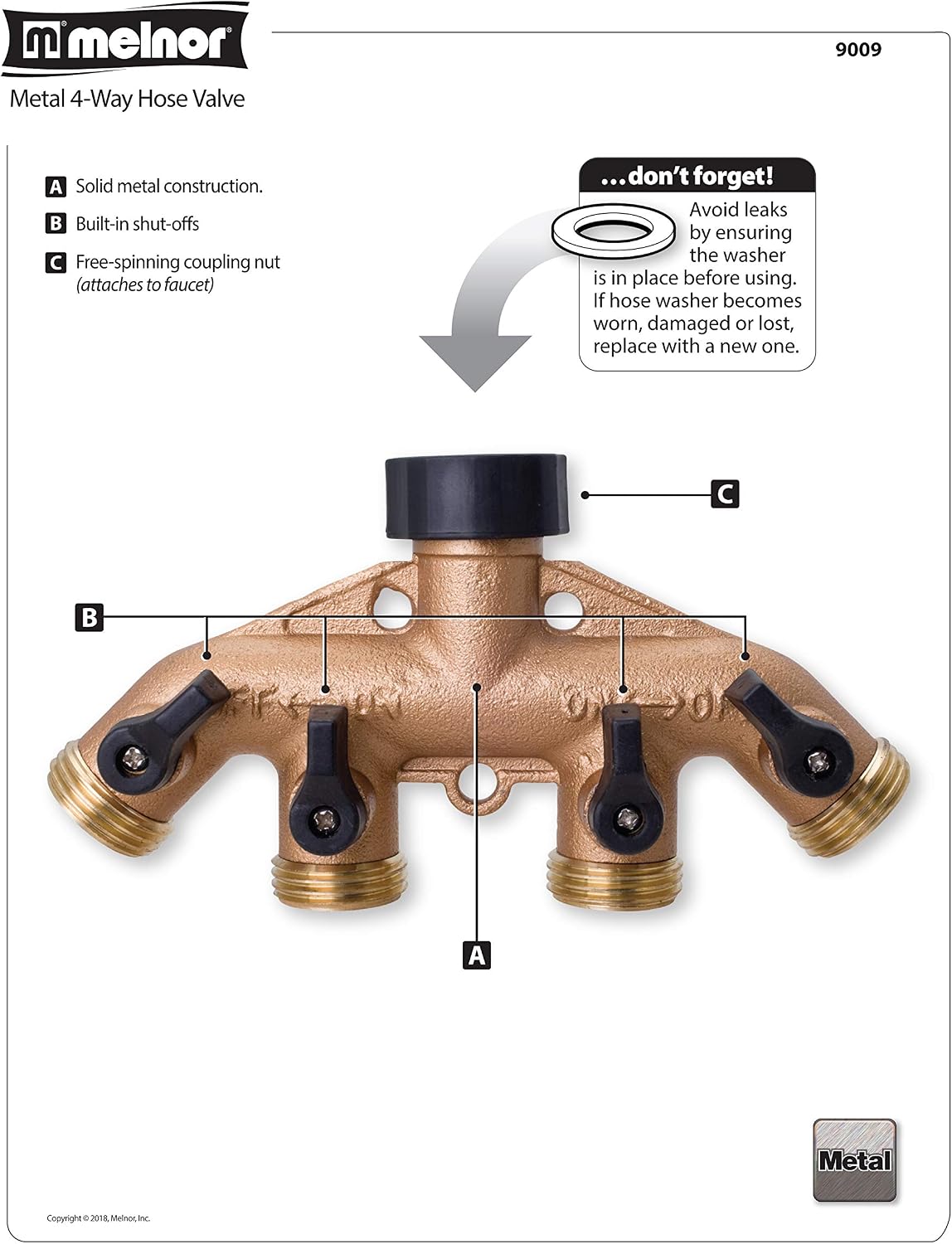 65077-AMZ 4 Way Heavy Duty Metal Garden Hose Splitter, Hose Spigot Adapter with 5 Leak-Free Washers, Brass Hose Bib Splitter