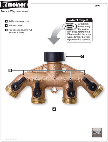 65077-AMZ 4 Way Heavy Duty Metal Garden Hose Splitter, Hose Spigot Adapter with 5 Leak-Free Washers, Brass Hose Bib Splitter