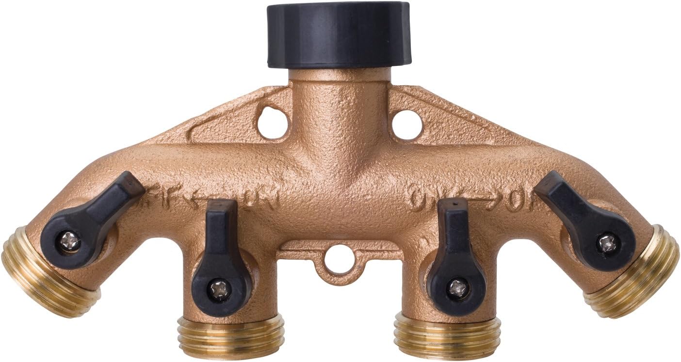65077-AMZ 4 Way Heavy Duty Metal Garden Hose Splitter, Hose Spigot Adapter with 5 Leak-Free Washers, Brass Hose Bib Splitter