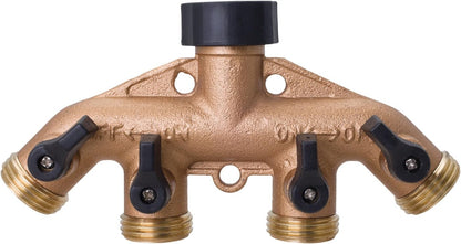 65077-AMZ 4 Way Heavy Duty Metal Garden Hose Splitter, Hose Spigot Adapter with 5 Leak-Free Washers, Brass Hose Bib Splitter