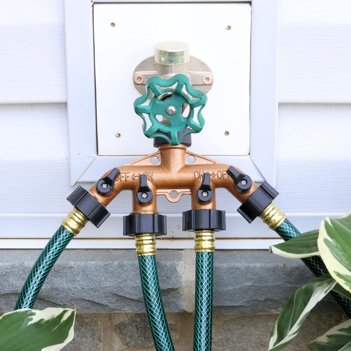 65077-AMZ 4 Way Heavy Duty Metal Garden Hose Splitter, Hose Spigot Adapter with 5 Leak-Free Washers, Brass Hose Bib Splitter