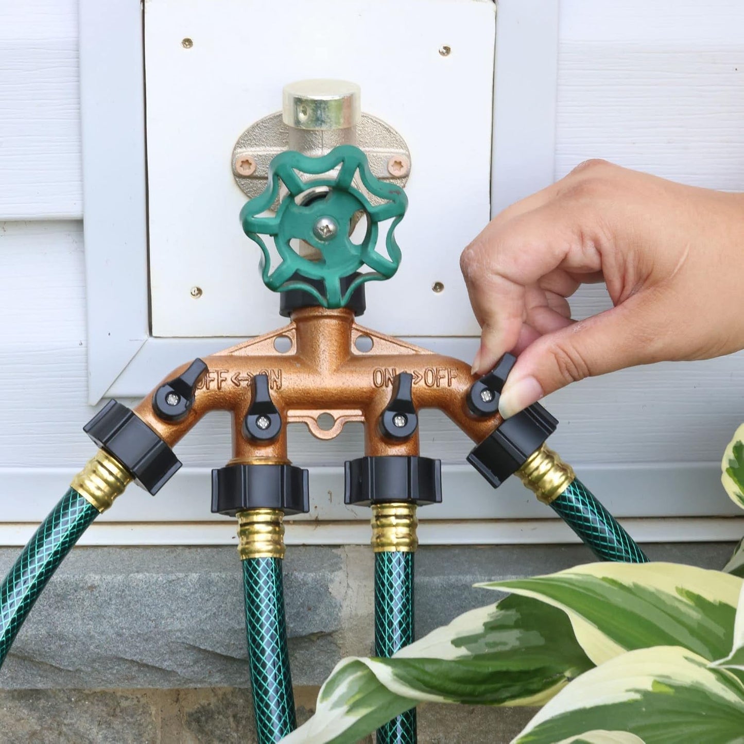 65077-AMZ 4 Way Heavy Duty Metal Garden Hose Splitter, Hose Spigot Adapter with 5 Leak-Free Washers, Brass Hose Bib Splitter