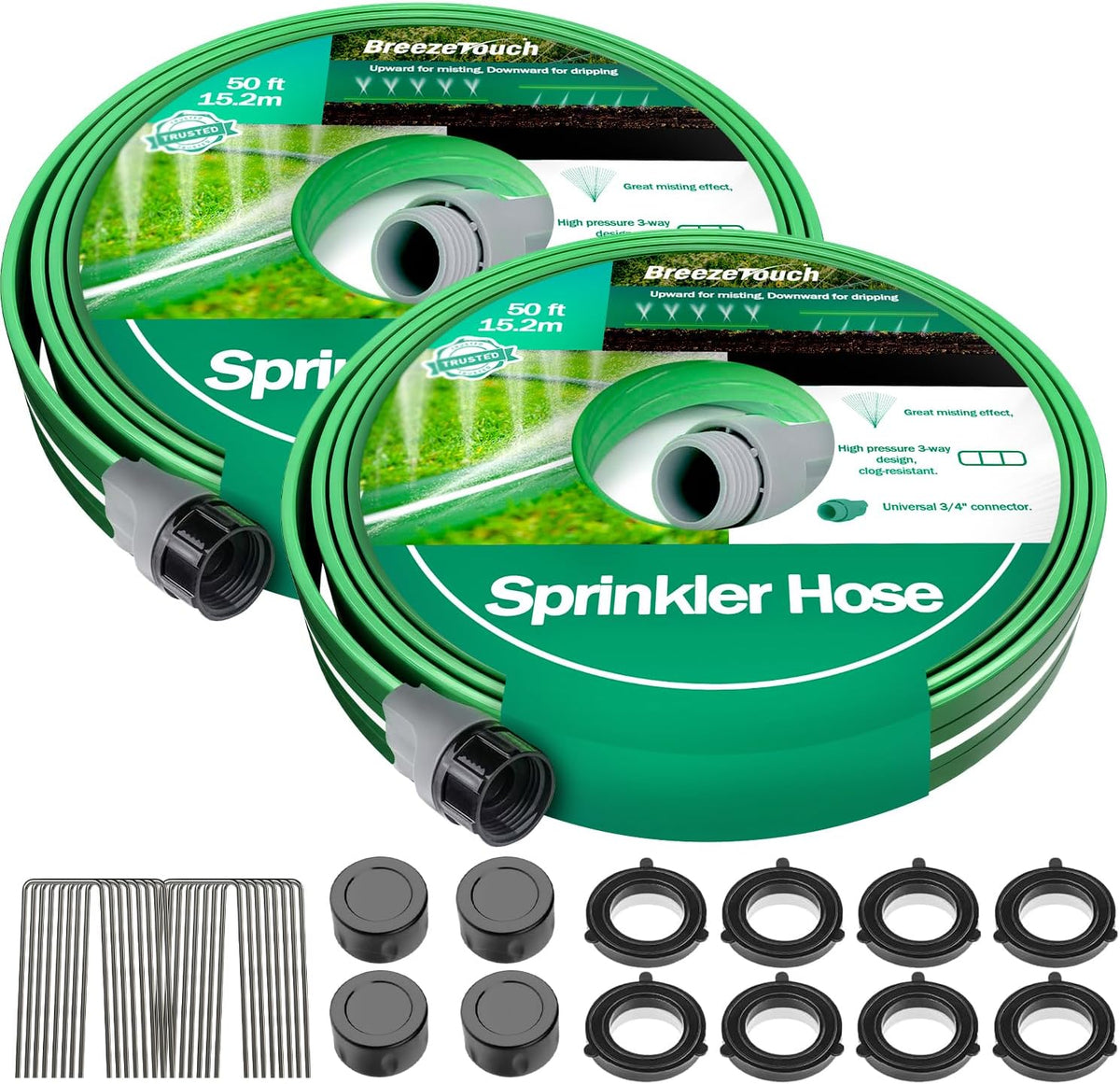2 Pack 50FT Three-Tube Flat Sprinkler Hose with Holes with U-Shaped Stakes