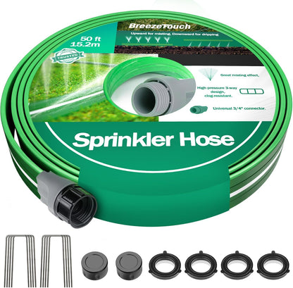 2 Pack 50FT Three-Tube Flat Sprinkler Hose with Holes with U-Shaped Stakes