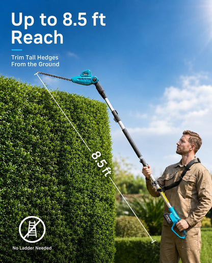 20V Pole Hedge Trimmer Cordless, 8.5 FT Reach, Dual 4.0Ah Batteries