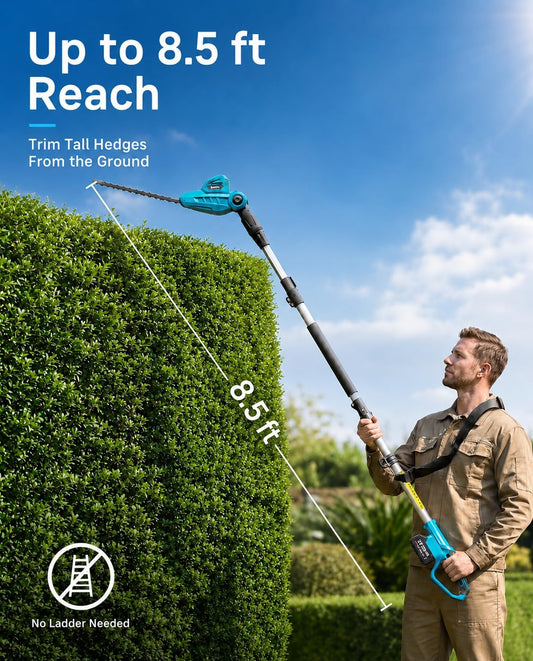20V Pole Hedge Trimmer Cordless, 8.5 FT Reach, Dual 4.0Ah Batteries