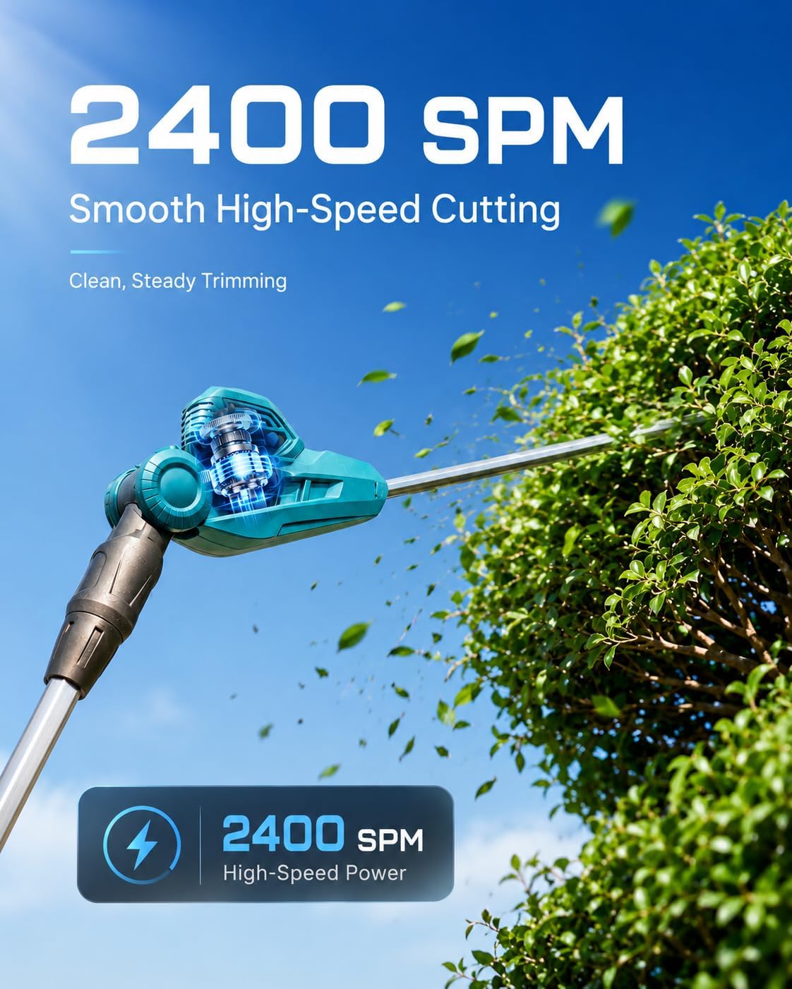 20V Pole Hedge Trimmer Cordless, 8.5 FT Reach, Dual 4.0Ah Batteries