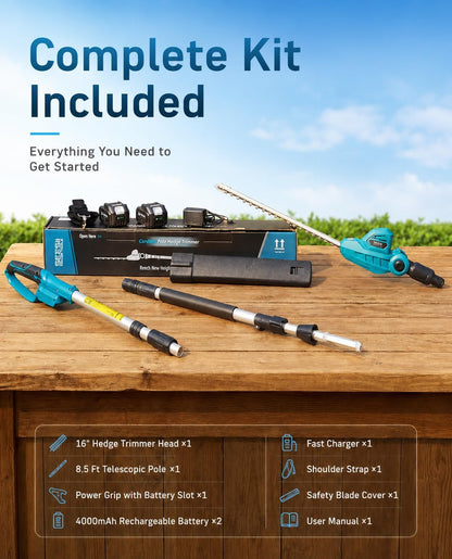 20V Pole Hedge Trimmer Cordless, 8.5 FT Reach, Dual 4.0Ah Batteries