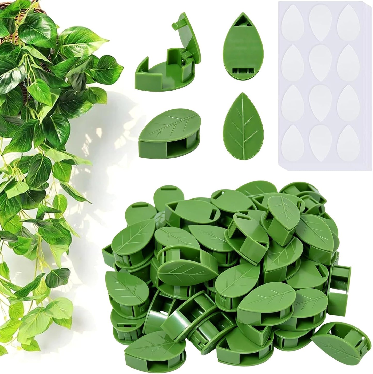 60PCS Plant Wall Clips with Self Adhesive Stickers - Leaf Shaped Vine Clips for Climbing Plants, Invisible Plant Support for Pothos Ivy Creeper, Indoor Outdoor