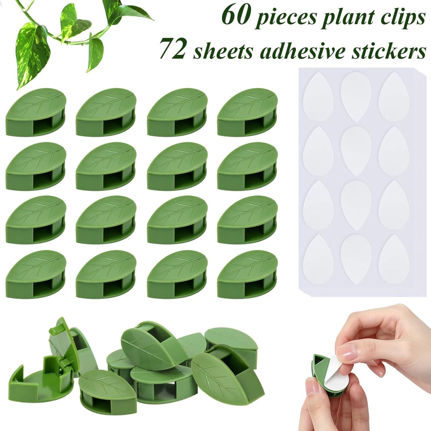 60PCS Plant Wall Clips with Self Adhesive Stickers - Leaf Shaped Vine Clips for Climbing Plants, Invisible Plant Support for Pothos Ivy Creeper, Indoor Outdoor