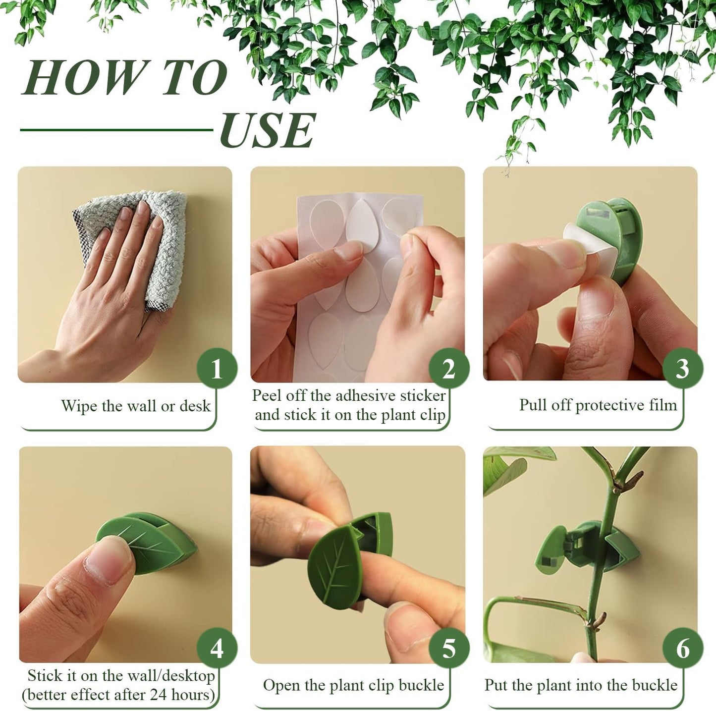 60PCS Plant Wall Clips with Self Adhesive Stickers - Leaf Shaped Vine Clips for Climbing Plants, Invisible Plant Support for Pothos Ivy Creeper, Indoor Outdoor