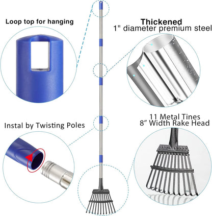 Rake for Leaves, 8" Wide 11 Tines Small Metal Hand Garden Adjustable Lawn Yard Shrub Kids Leaf Rake Heavy Duty Garden Tool for Gardening