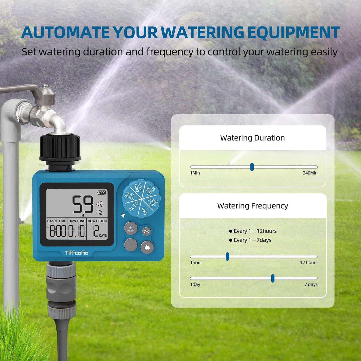 Sprinkler Timer Outdoor, Digital Programmable for Garden Hose, Irrigrtion Timer with Rain Delay and Manual Mode (Water Volume Control, 1 Pack)